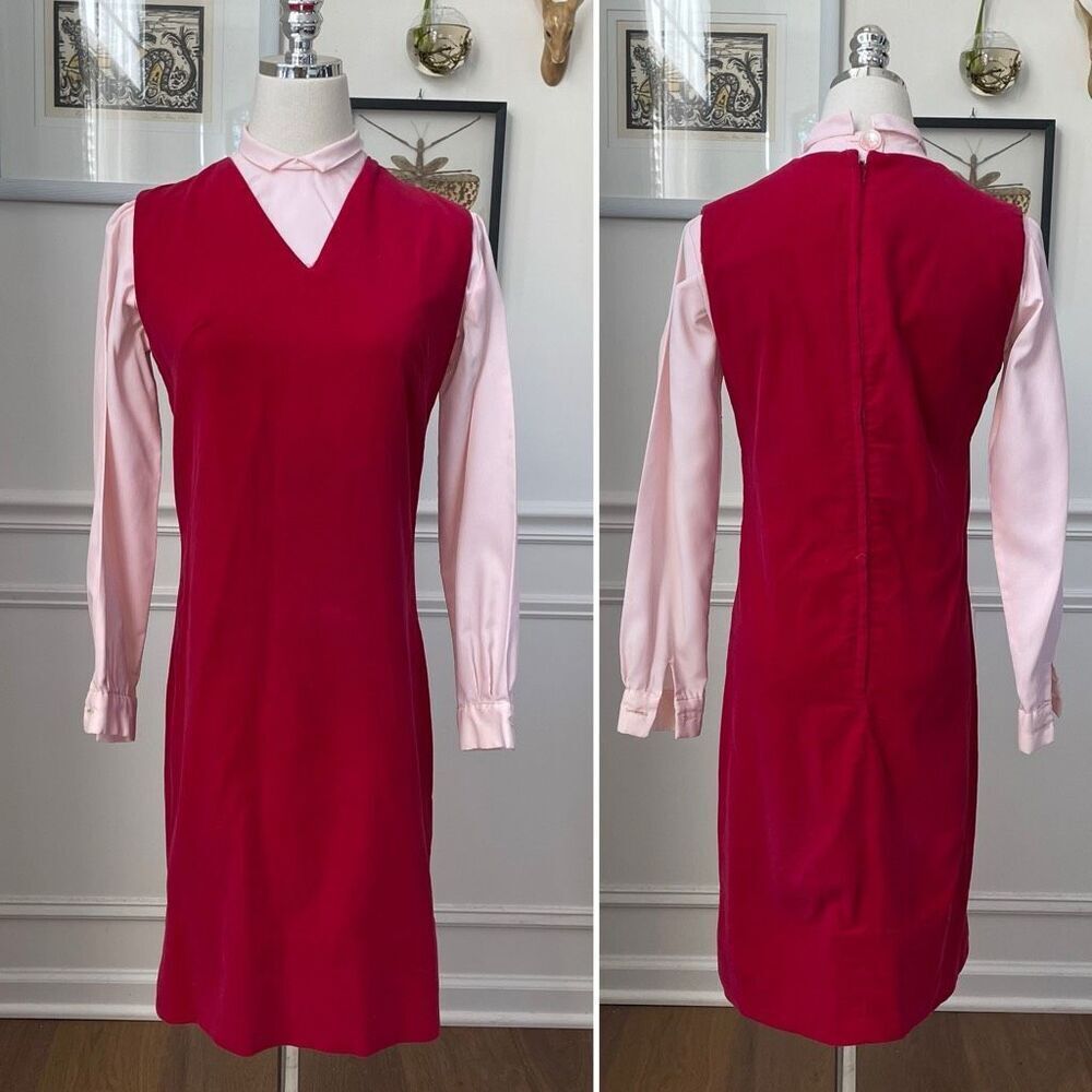 Vintage 60s Red Velveteen Shift Dress Pink Cropped Blouse XS